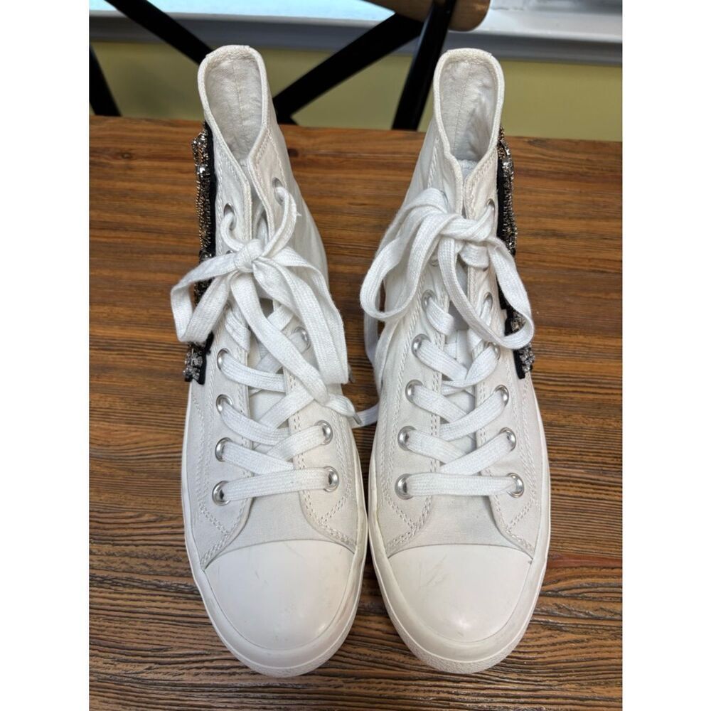 Lauren Lorraine White High-Top Sneakers with Black Beaded Patches and Chains - Picture 2 of 16